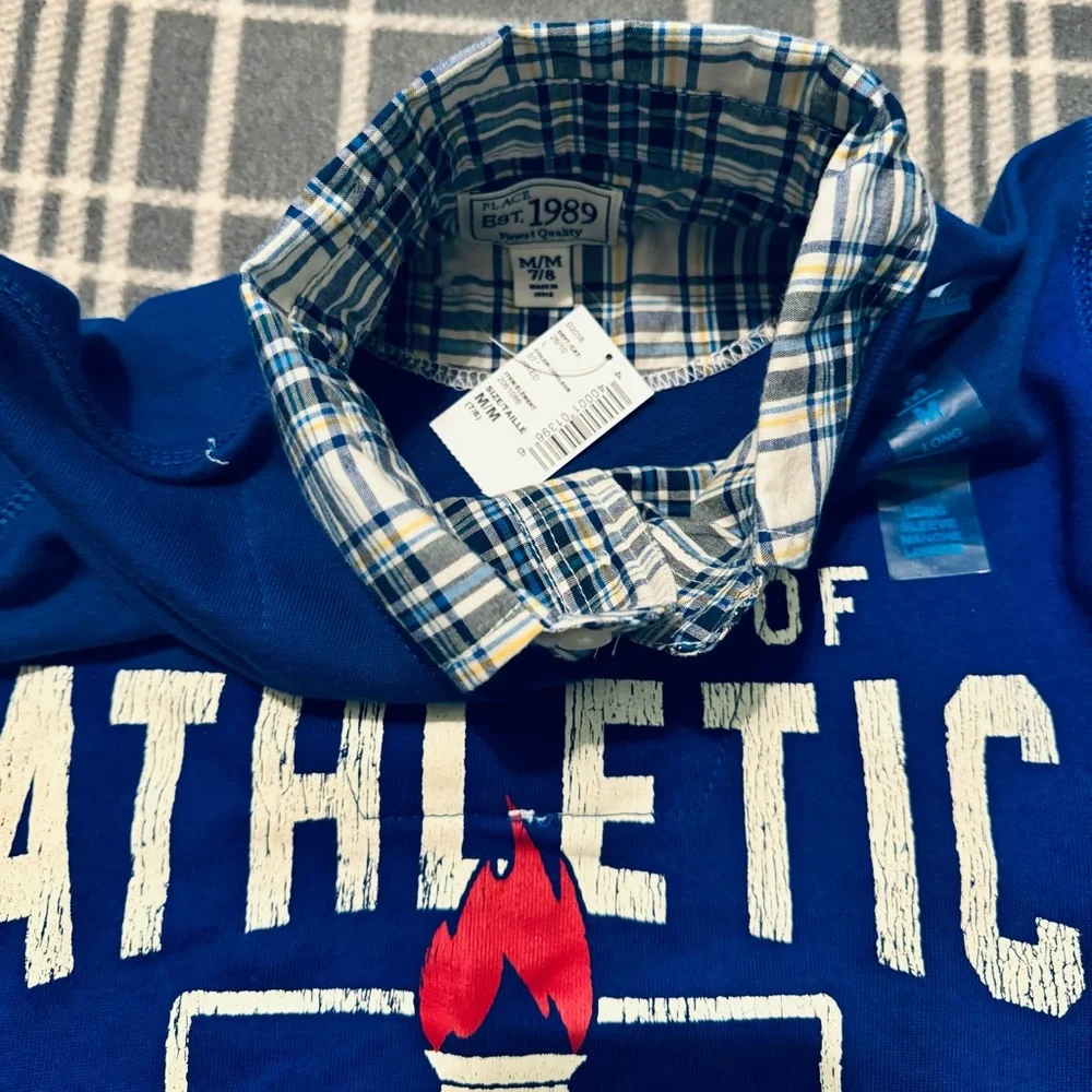 The Children’s Place Layered Blue Sweatshirt with Attached Plaid Collar Shirt